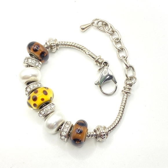 European Style Beads Brown Silver Rhinestone Bracelet - Picture 2 of 8